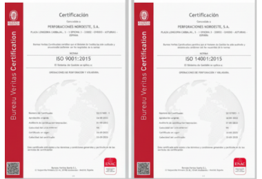 Bureau Veritas certifie Perforaciones Noroeste ISO 9001 et 14001 (qualité et environnement).